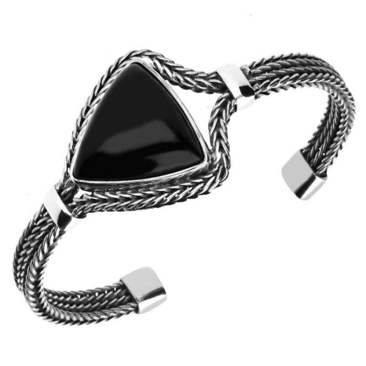 Sterling Silver Whitby Jet Triangular Foxtail Bangle Bracelet D - Option1 Value Silver