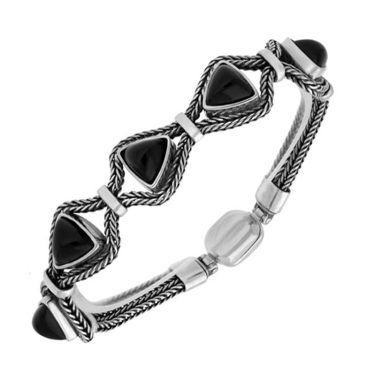 Sterling Silver Whitby Jet Triangular Foxtail Bracelet D - Option1 Value Silver