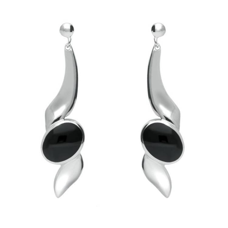 Sterling Silver Whitby Jet Twist Drop Earrings - Silver