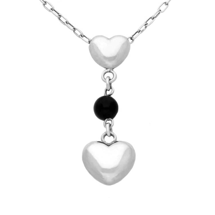 Sterling Silver Whitby Jet Two Heart Bead Drop Necklace D - Silver