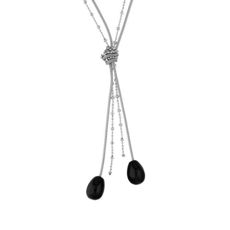 Sterling Silver Whitby Jet Two Pear Shape Knot Tassel Necklace D - Silver