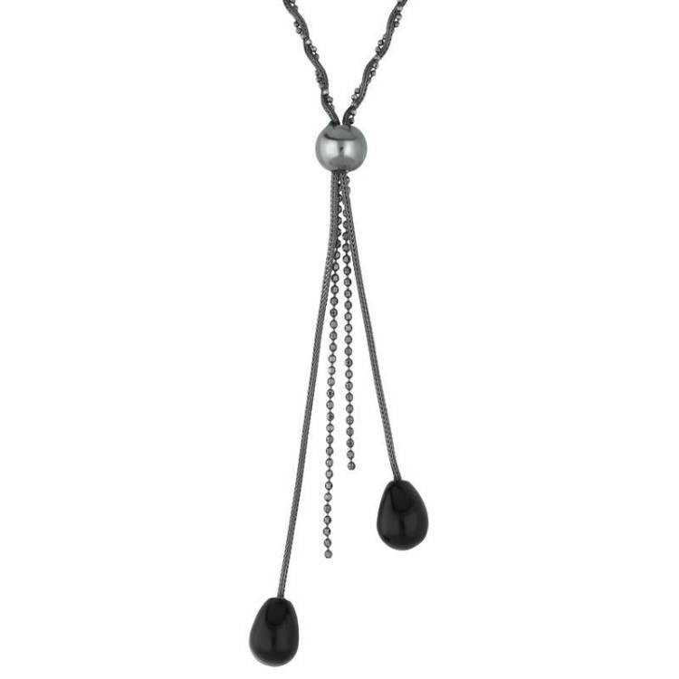 Sterling Silver Whitby Jet Two Pear Snake Twist Necklace D - Silver
