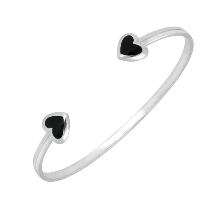 Sterling Silver Whitby Jet Two Stone Heart Bangle - Option1 Value Silver