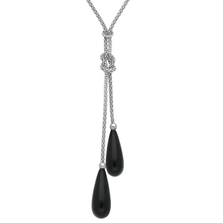 Sterling Silver Whitby Jet Two Stone Knot Drop Necklace - Silver