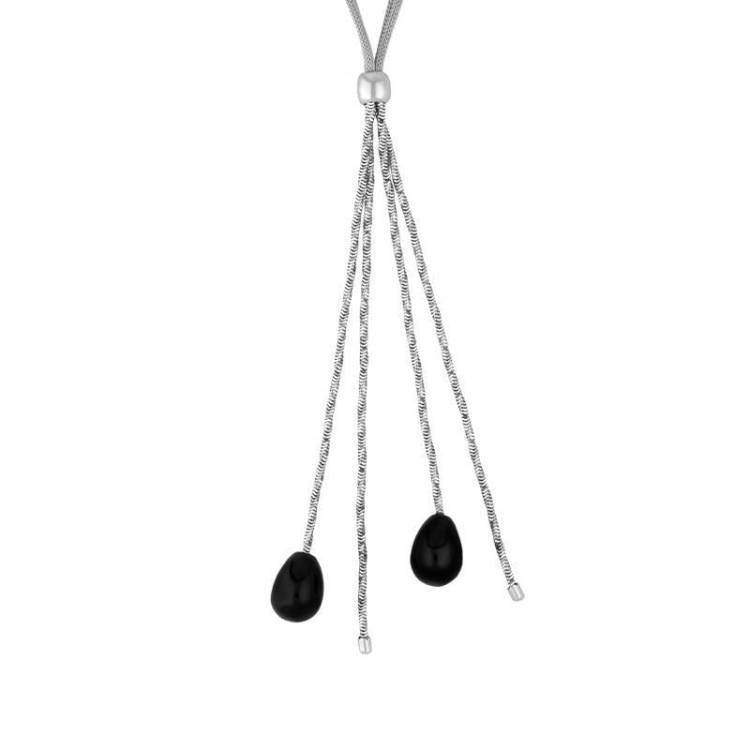 Sterling Silver Whitby Jet Two Stone Pear Four Strand Tassel Necklace D - Silver