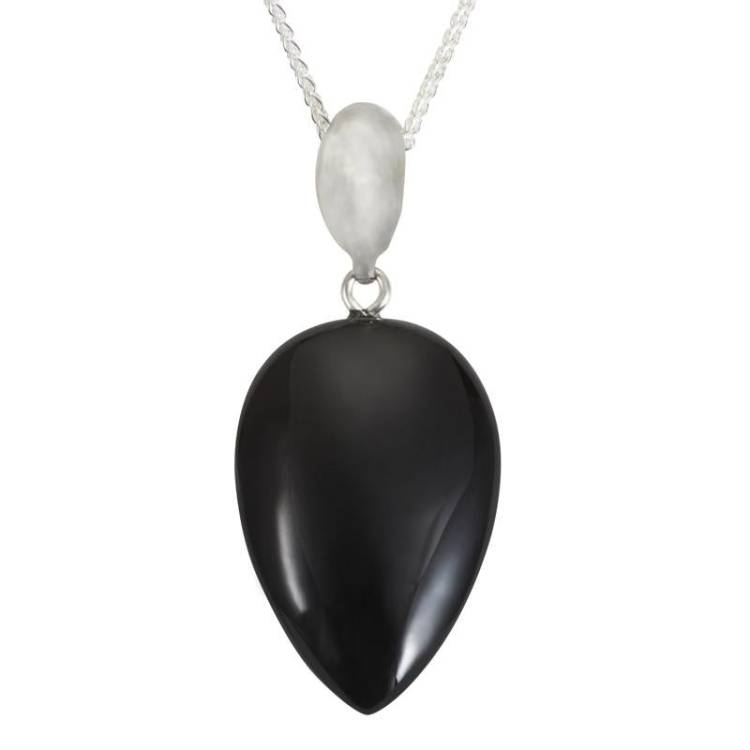 Sterling Silver Whitby Jet Upside Down Pear Necklace - Silver