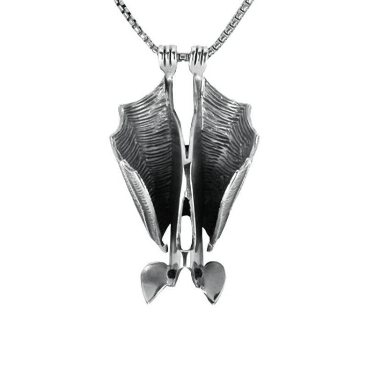 Sterling Silver Whitby Jet Upside Hanging Down Bat Large Necklace