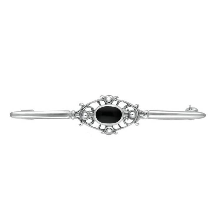 Sterling Silver Whitby Jet Victorian Style Bar Brooch - Silver