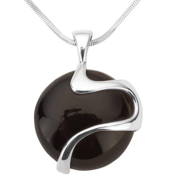 Sterling Silver Whitby Jet Wavy Round Disc Necklace - Silver