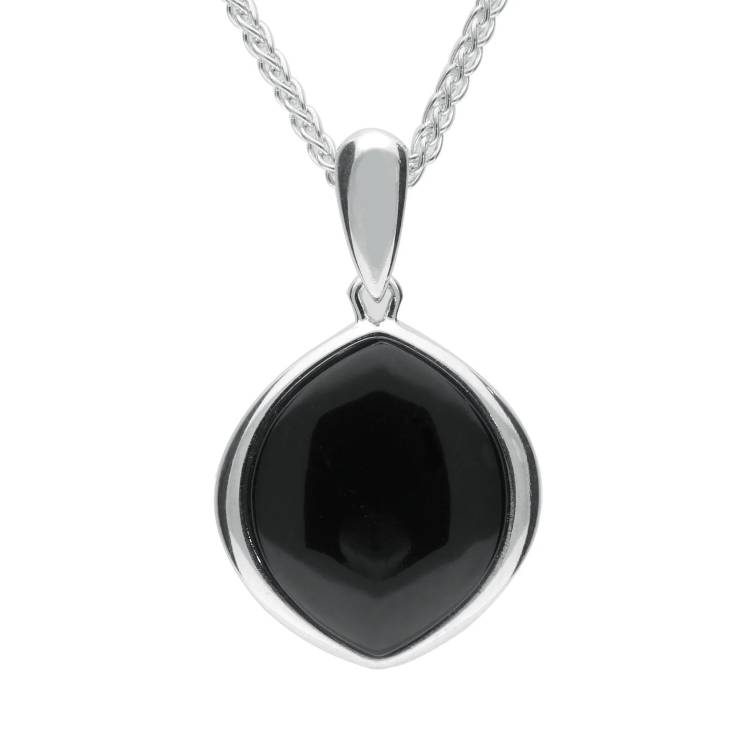 Sterling Silver Whitby Jet Wide Marquise Open Back Necklace - Silver