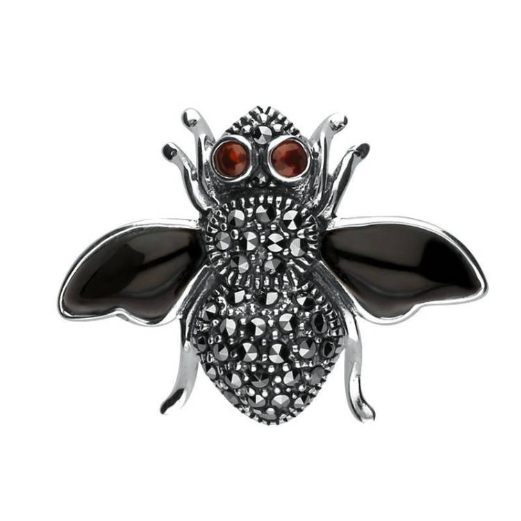 Sterling Silver Whitby Jet Wings Marcasite Garnet Bee Brooch - Silver