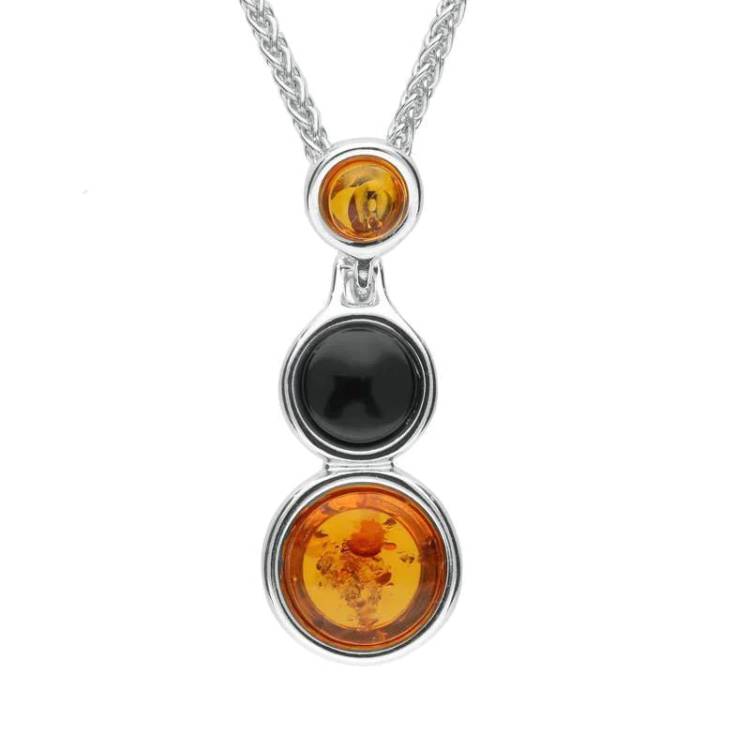 Sterling Silver Whitby Jet Amber Three Stone Necklace - Silver