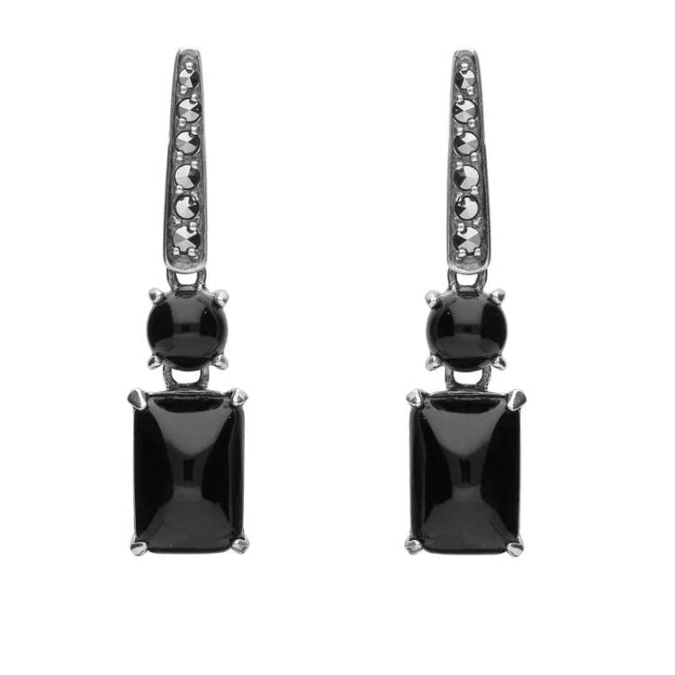 Sterling Silver Whitby Jet and Marcasite Oblong Bar Drop Earrings - Silver