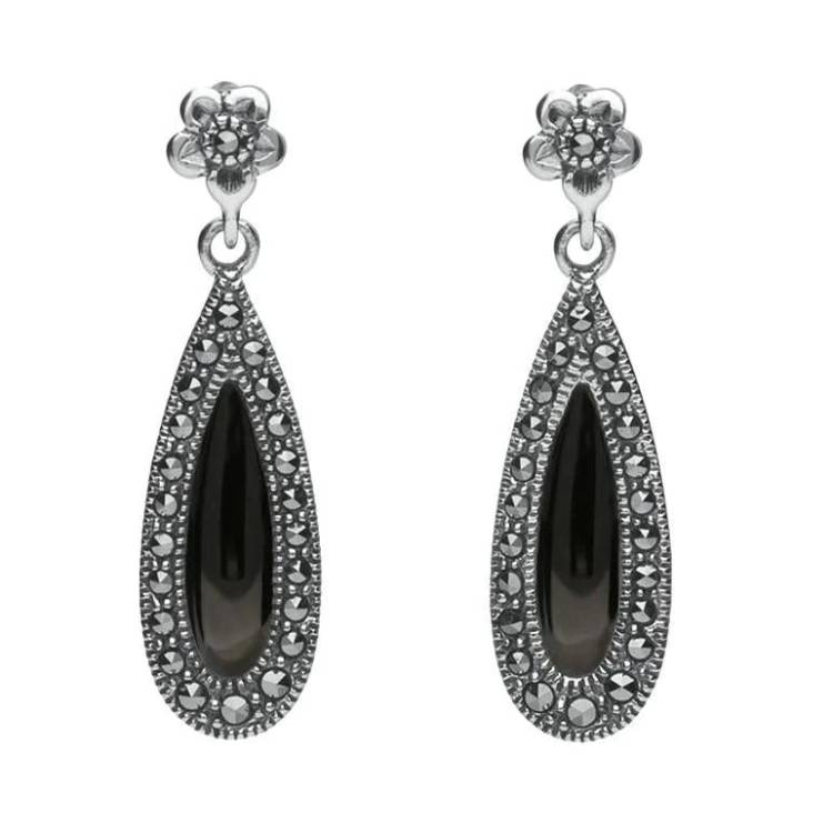 Sterling Silver Whitby Jet Marcasite Pear Drop Stud Earrings - Silver