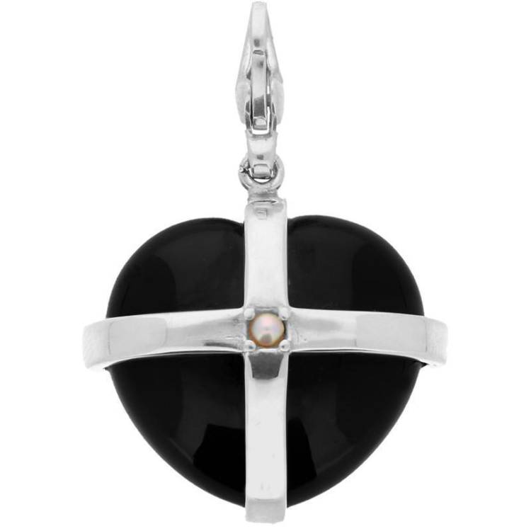 Sterling Silver Whitby Jet and Single Pearl Large Cross Heart Charm - Gold