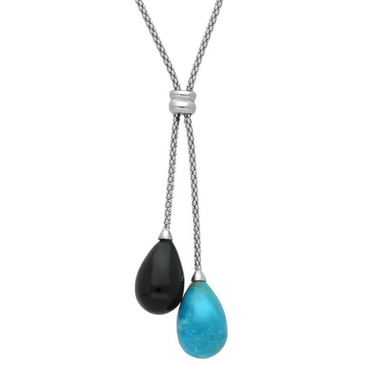 Sterling Silver Whitby Jet & Turquoise Two Stone Drop Necklace - Silver