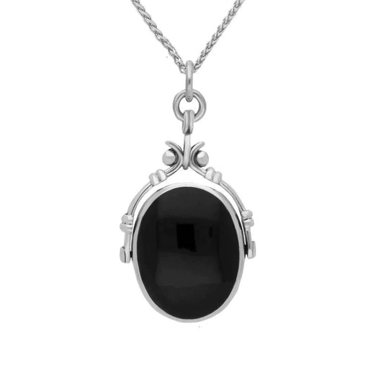 Sterling Silver Whitby Jet and Turquoise Long Oval Swivel Fob Necklace - Silver