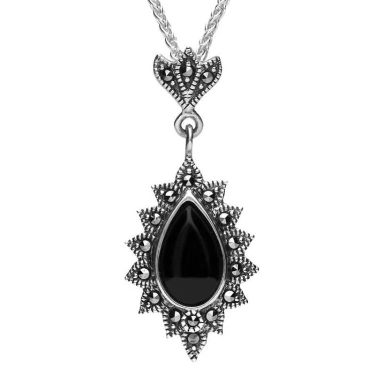 Sterling Silver Whitby Jet Marcasite Beaded Edge Pear Necklace - Silver
