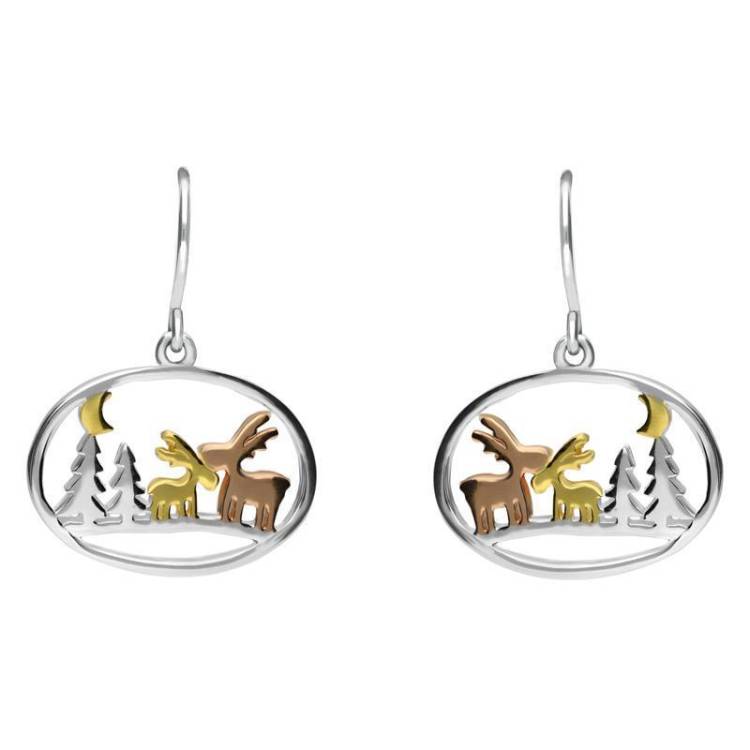 Yellow Rose Gold Sterling Silver Plated Reindeer and Trees Hook Earrings - Option1 Value Silver