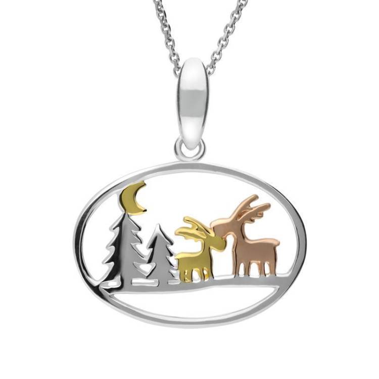 Yellow Rose Sterling Silver Plated Plated Reindeer and Trees Necklace - Option1 Value Silver