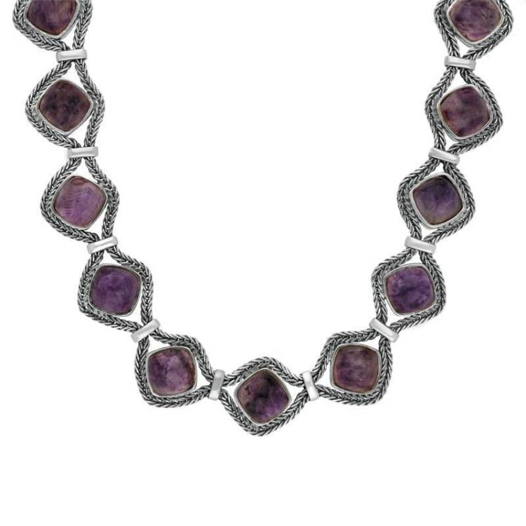 Sterling Silver Blue John Foxtail Cushion Fifteen Stone Necklace - Silver