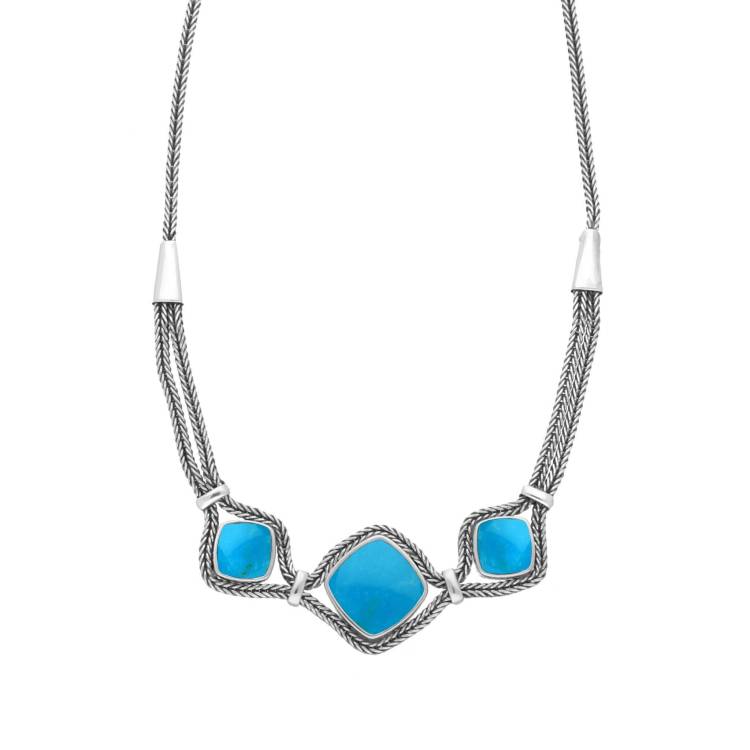 Sterling Silver Turquoise Foxtail Three Stone Cushion Necklace