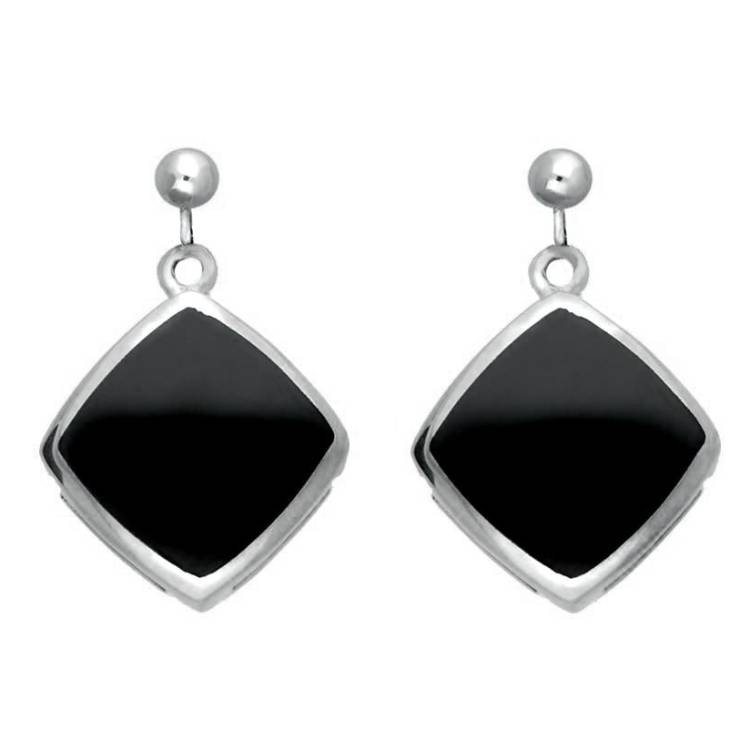 Sterling Silver Whitby Jet Cushion Square Drop Earrings - Silver