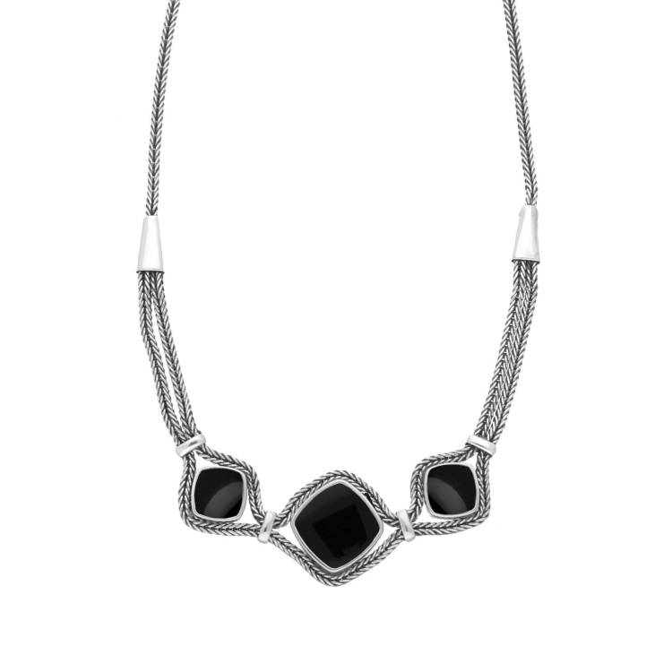 Sterling Silver Whitby Jet Foxtail Three Stone Cushion Necklace