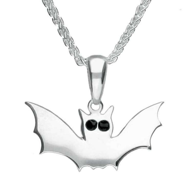 Sterling Silver Whitby Jet Small Bat Necklace - Silver