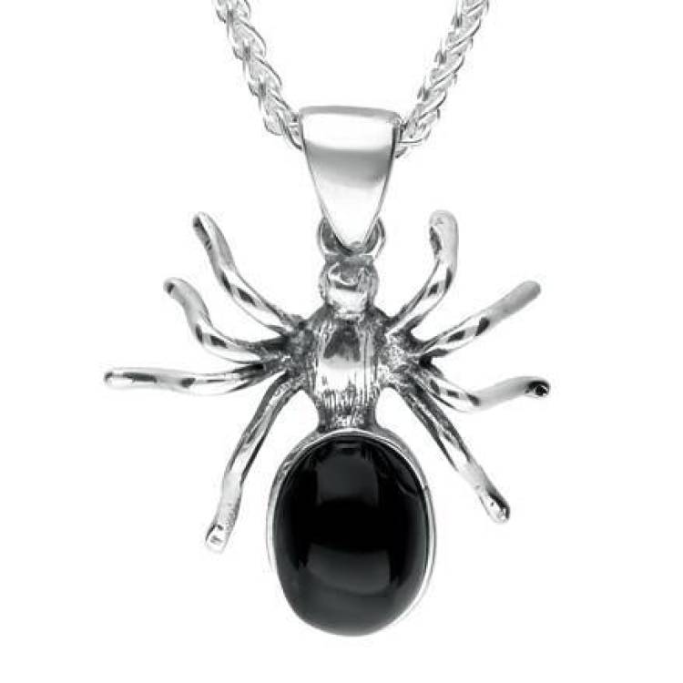 Sterling Silver Whitby Jet Small Spider Necklace - Silver