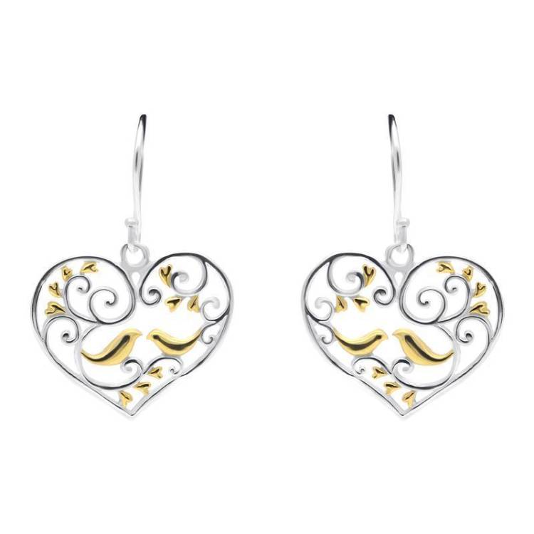 Yellow Gold Sterling Silver Plated Bird and Vine Open Heart Hook Earrings - Option1 Value Yellow Gold