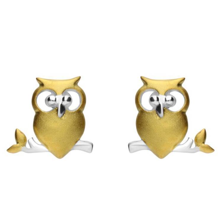 Yellow Gold Sterling Silver Plated Owl on a Branch Stud Earrings - Option1 Value Yellow Gold