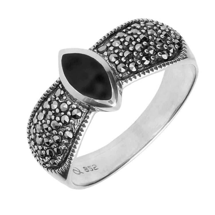 Sterling Silver Whitby Jet Marcasite Shoulder Ring - Silver