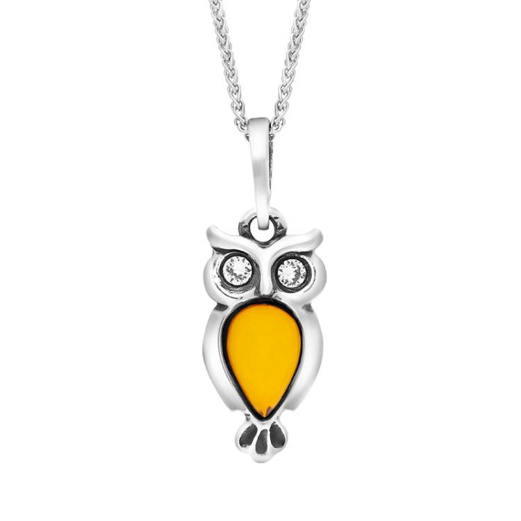 Sterling Silver Amber Cubic Zirconia Small Owl Necklace - Option1 Value Silver