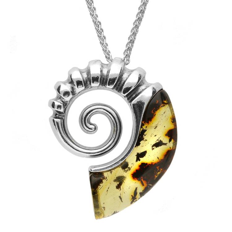 Sterling Silver Amber Large Ammonite Shell Necklace - Silver