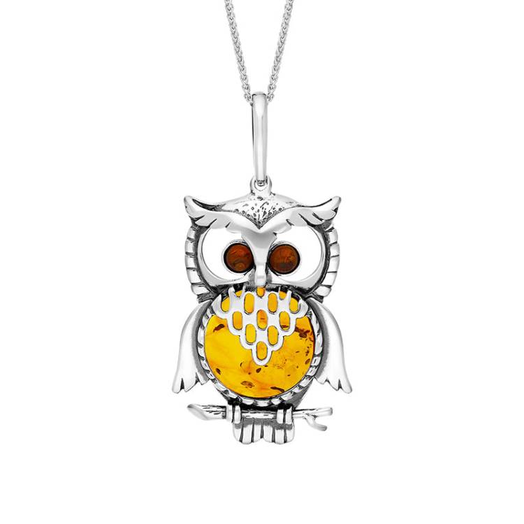 Sterling Silver Amber Large Owl Necklace - Silver