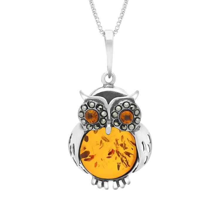 Sterling Silver Amber Medium Owl Necklace - Silver