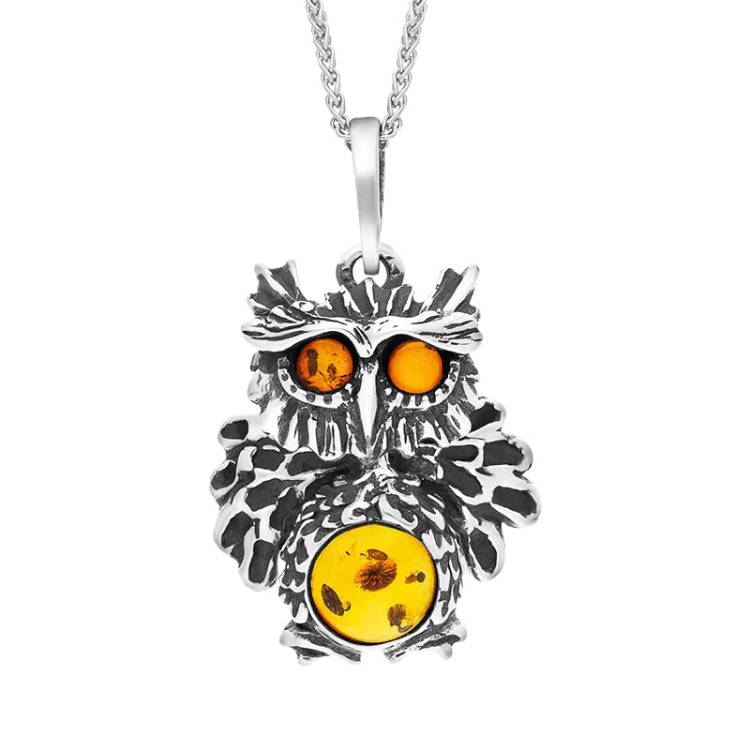 Sterling Silver Amber Moving Head Owl Necklace - Silver