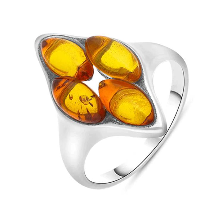 Sterling Silver Amber Oval Cluster Ring - Yellow Gold