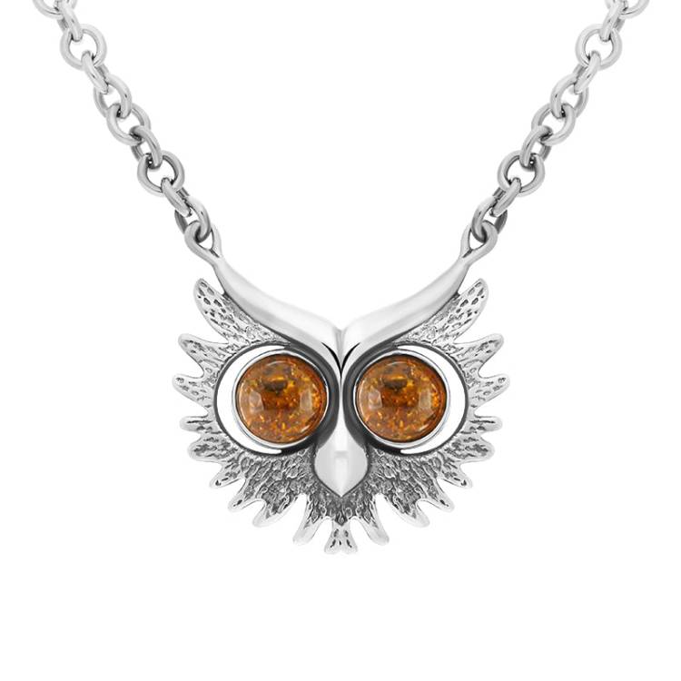Sterling Silver Amber Owls Face Necklace - Silver