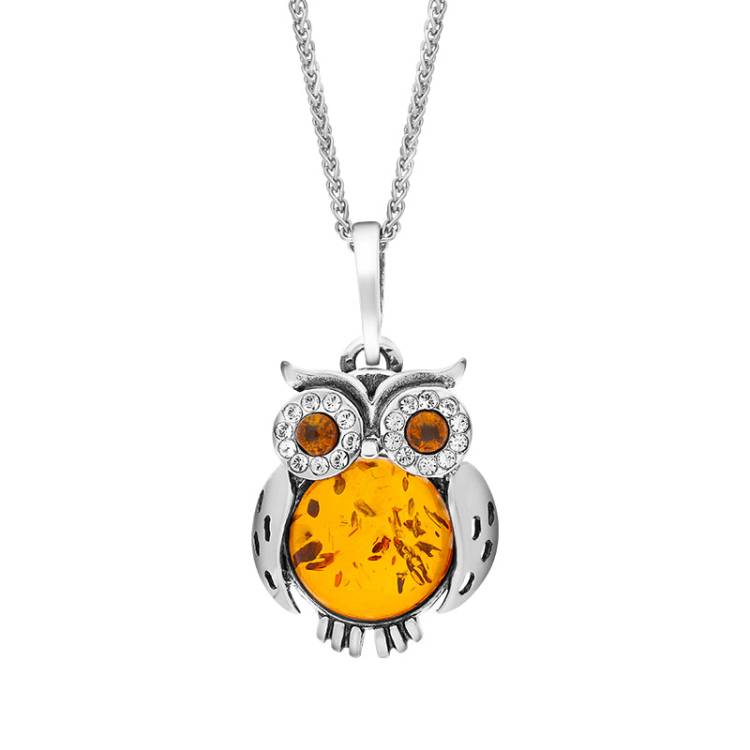 Sterling Silver Amber Zirconia Owl Necklace - Option1 Value Silver