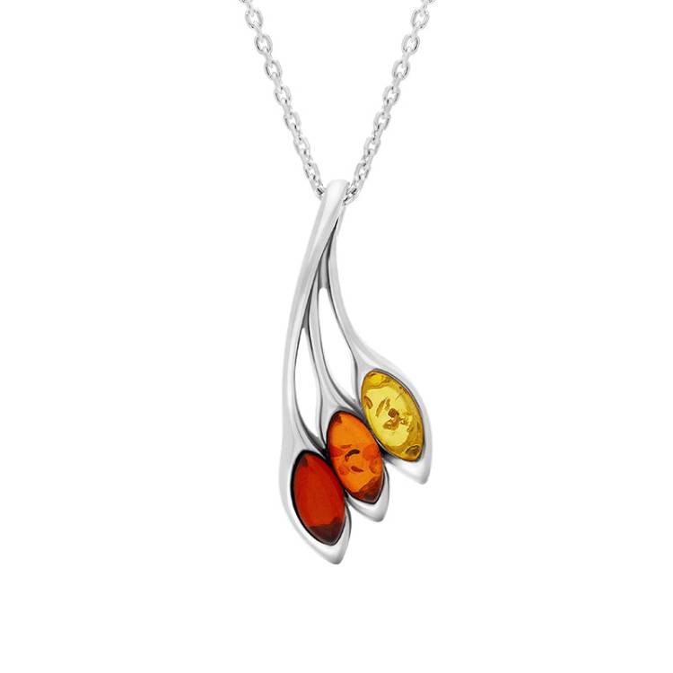 Sterling Silver Baltic Amber Three Leaf Necklace - Silver