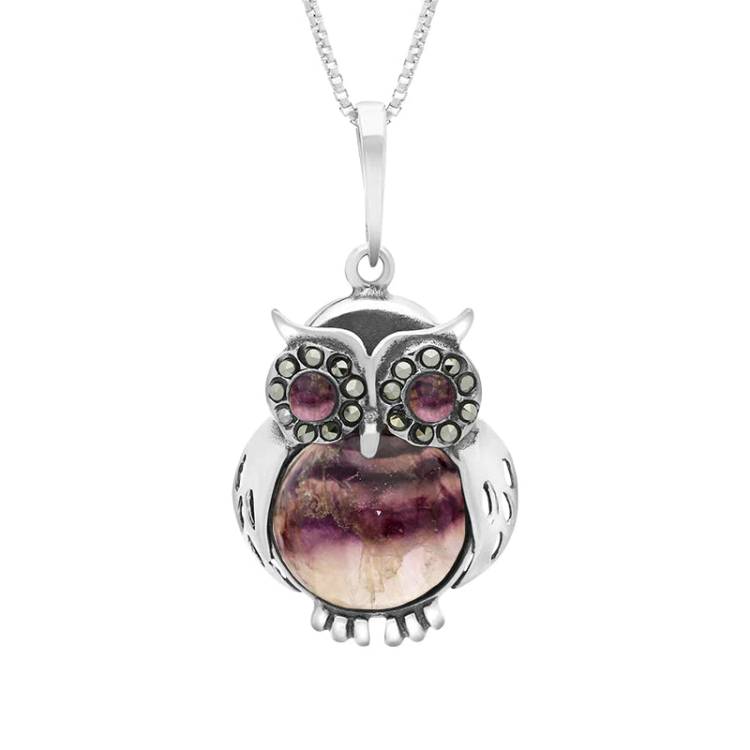 Sterling Silver Blue John Medium Owl Necklace - Silver