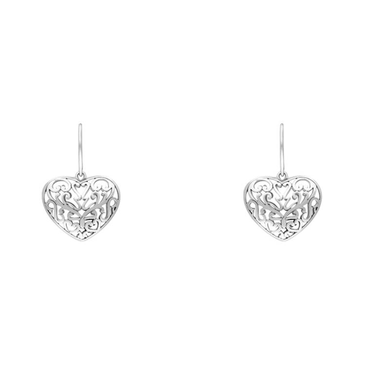 Sterling Silver Pierced Heart Hook Drop Earrings - Silver