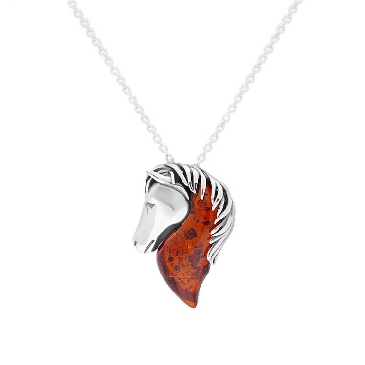 Sterling Silver Red Amber Medium Horse Head Necklace - Option1 Value Silver