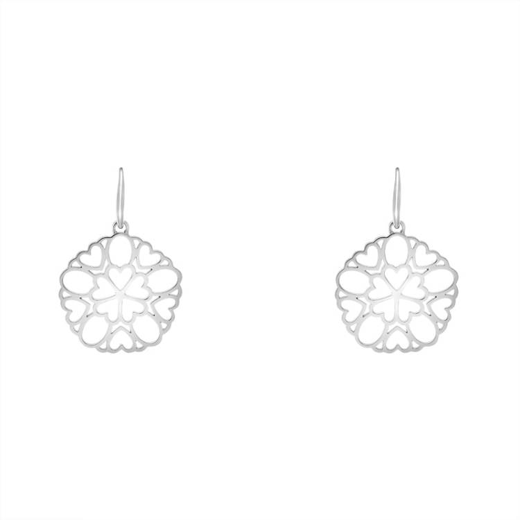 Sterling Silver Round Pierced Heart Hook Drop Earrings - Silver