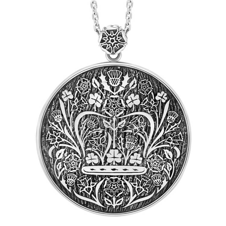Sterling Silver Turquoise King's Coronation Hallmark Round Crown Emblem Necklace