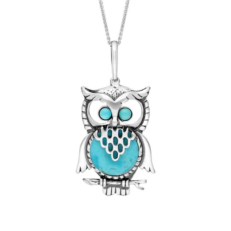 Sterling Silver Turquoise Large Owl On Branch Necklace - Silver