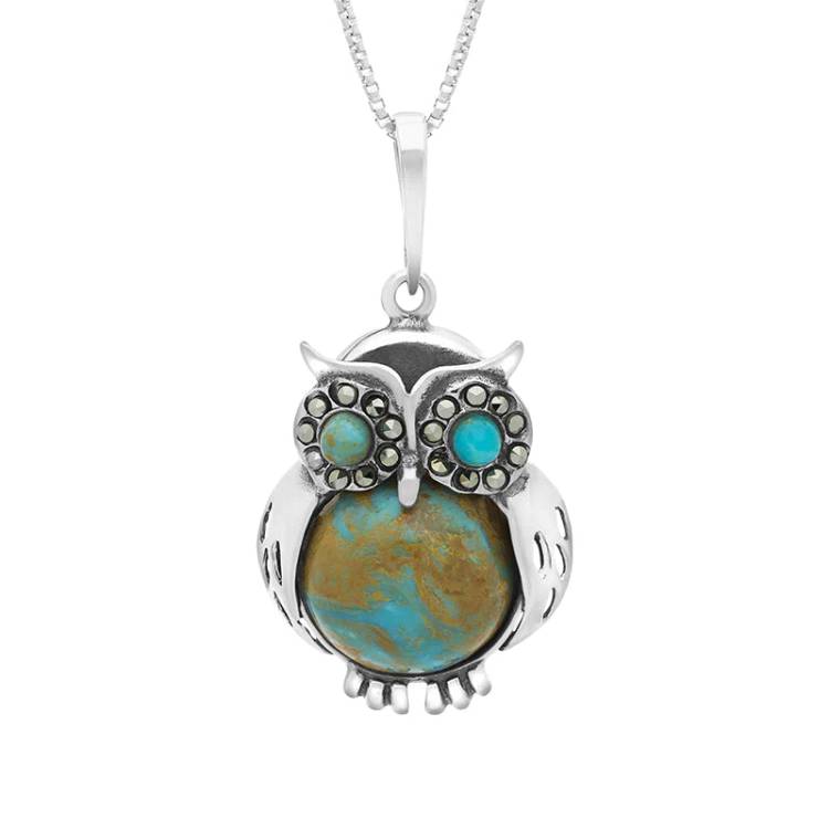 Sterling Silver Turquoise Medium Owl Necklace - Silver
