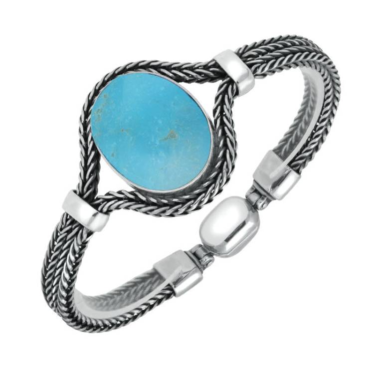 Sterling Silver Turquoise Oval Foxtail Bracelet - Silver